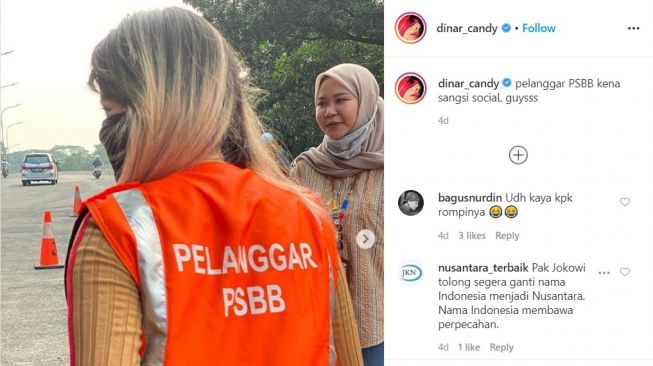 Dinar Candy menggunakan rompi warna orange bertuliskan Pelanggar PSBB (Instagram-dinar _candy)
