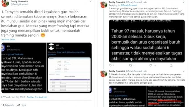 Respon Teddy Gusnaidi dituding aktivis 98 tapi tidak kuliah (Twitter)