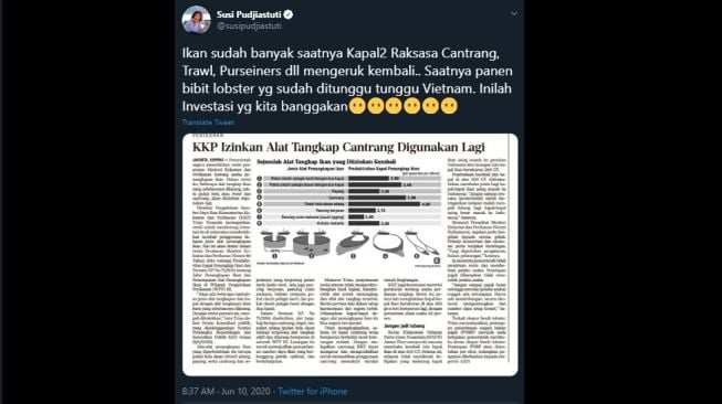 Cuitan Susi Pudjiastuti soal izin penggunaan cantrang. (Twitter/@susipudjiastuti)