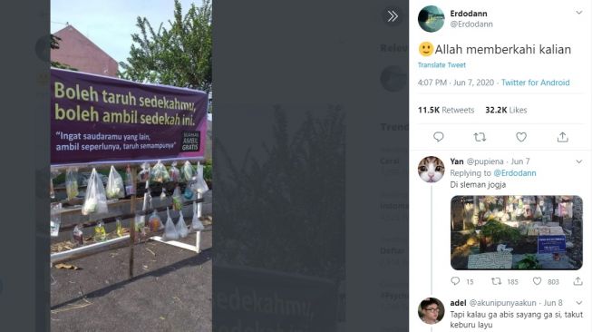 Postingan warganet cara unik bersedekah. [Twitter]