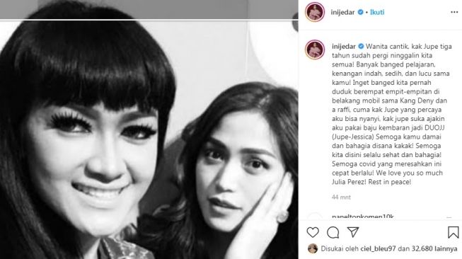 Unggahan Jessica Iskandar tentang Julia Perez [Instagram/@inijedar]