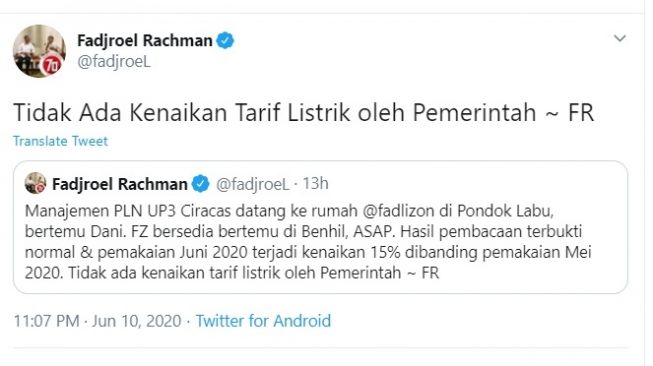 Fadjroel Rachman menyatakan PLN sudah cek ke rumah Fadli Zon (Twitter)