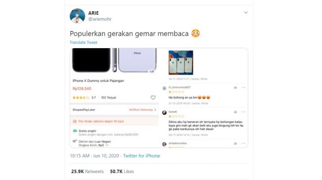 Review barang online dummy iPhone. [Twitter]