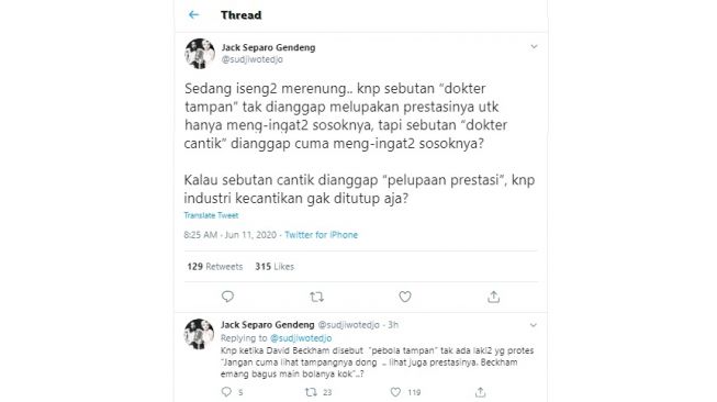 Sudjiwo Tedjo heran sebutan dokter cantik dianggap pelupaan prestasi (Twitter)