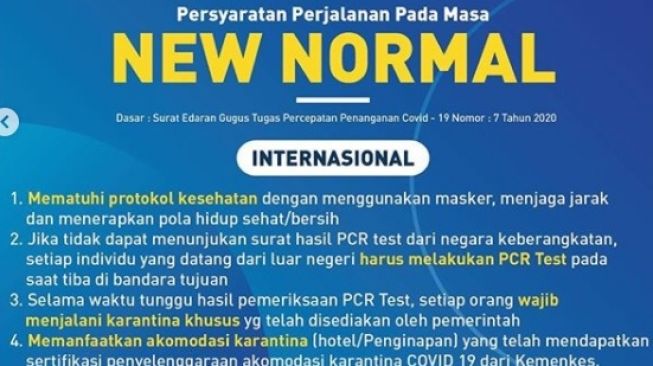 Persyaratan perjalanan pada masa new normal. (Instagram/angkasapura2)