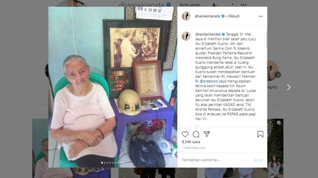 Dhani Wirianata, ajudan Prabowo Subianto mengabarkan evakuasi Elizabeth Koesno, istri ajudan Bung Karno (Instagram @dhaniwirianata)