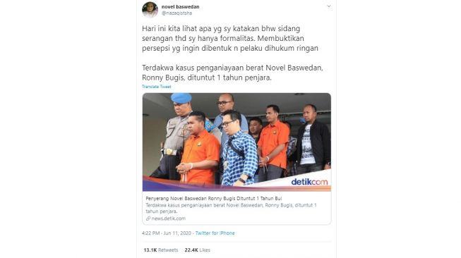 Cuitan Novel Baswedan atas tuntutan Jaksa Penuntut Umum (JPU) kasus penyiraman air keras (Twitter)