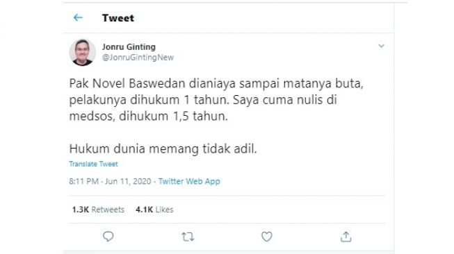 Cuitan Jonru Ginting menanggapi tuntutan JPU terhadap terdakwa penyiram air keras Novel Baswedan (Twitter)