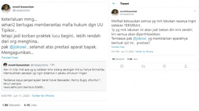 Novel Baswedan menyindir Jokowi karena terdakwa kasus penyiraman air keras hanya dituntut satu tahun penjara (Twitter)