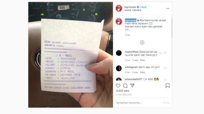 Viral Tarif Parkir Mobil Hingga Rp 8 Juta Akibat PSBB (Instagram)