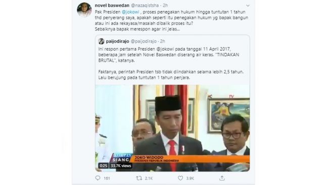 Novel Baswedan tagih respon Jokowi, penyiram air keras dirinya cuma dituntut 1 tahun penjara (Twitter)