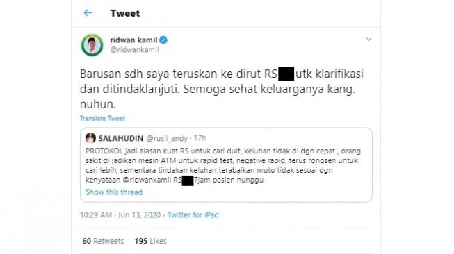 Respon Ridwan Kamil dapat aduan bayi meninggal karena protokol rapid test di rumah sakit (Twitter)