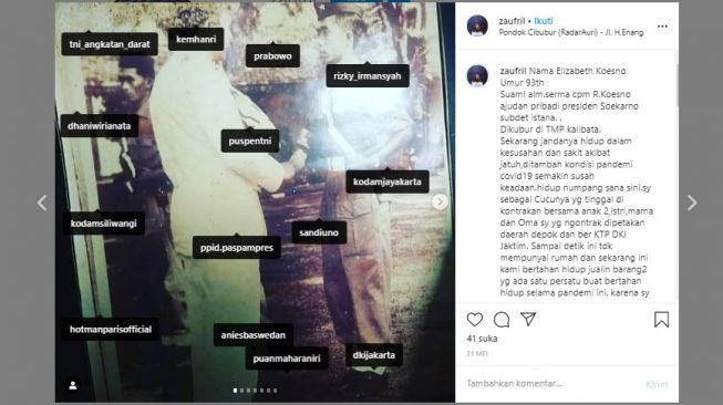 Postingan tentang keadaan Istri ajudan Bung Karno (Instagram)