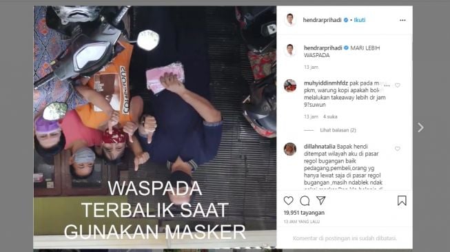 Cara lucu Wali Kota Semarang Hendrar Prihadi ingatkan warga pakai masker jangan terbalik (Instagram)