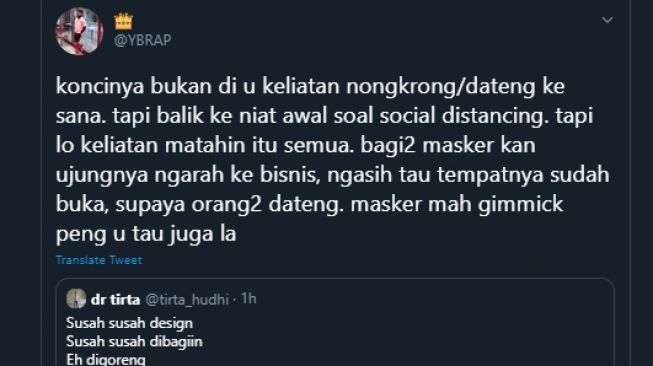 Cuitan Reza Arap soal dokter Tirta kedapatan di sebuah bar. (Twitter/@YBRAP)