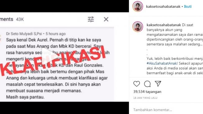 Unggahan Seto Mulyadi alias Kak Seto [Instagram/@kaksetosahabatanak]