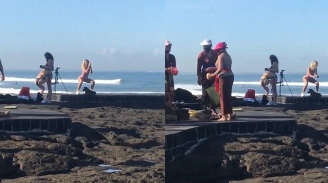 Viral Bule Berpose Seksi Pakai Bikini di Samping Ibu-ibu Sembahyang