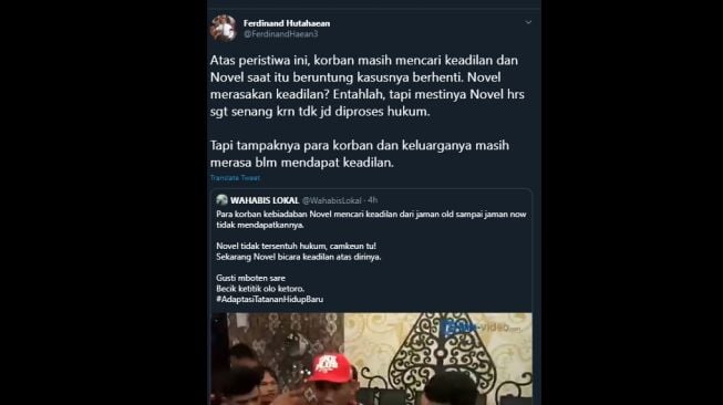 Cuitan Ferdinand Hutahaean soal Novel Baswedan yang harusnya beruntung tidak dihukum. (Twitter/@FerdinandHaean3)