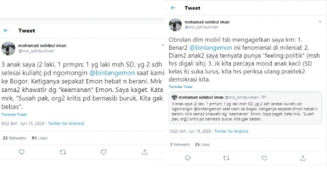 Anak Presiden PKS Sohibul Iman khawatir keamanan Bintang Emon (Twitter)