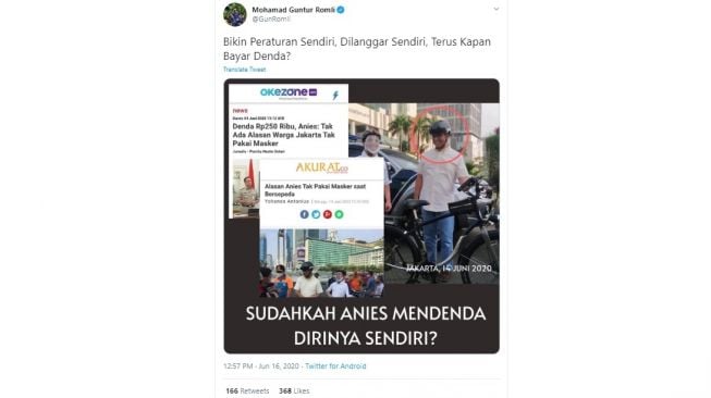 Guntur Romli tagih Anies Baswedan bayar denda karena tidak pakai masker saat bersepeda (Twitter) 