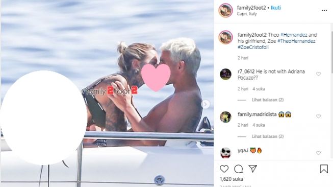 Theo Hernandez terciduk berciuman dengan Zeo Cristofoli. (Instagram/@family2foot2).