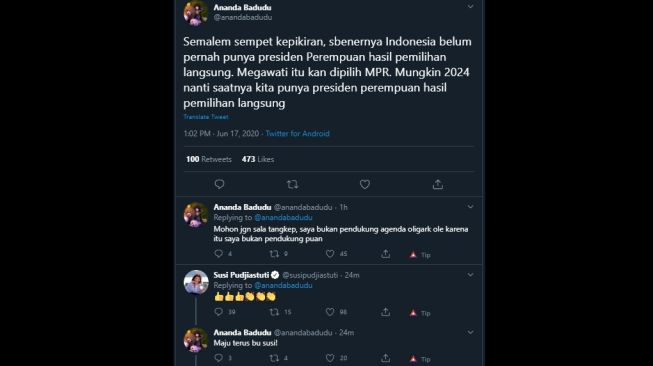 Cuitan Ananda Badudu soal presiden perempuan yang ditanggapi Susi Pudjiastuti. (Twitter/@anandabadudu)