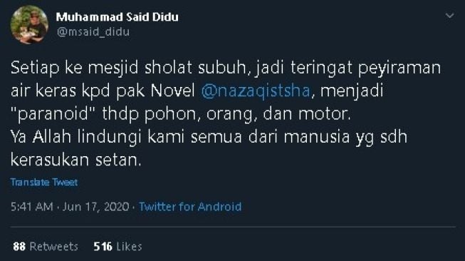 Said Didu teringat kasus Novel Baswedan setiap salat subuh ke masjid. (Twitter/@msaid_didu)