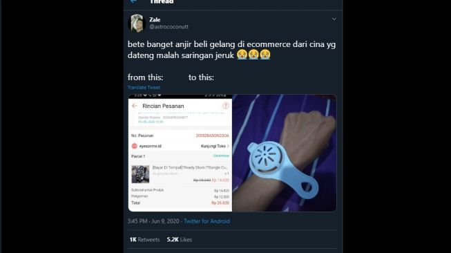 Wrganet beli gelang namun yang datang saringan telur. (Twitter/@astrococonutt)