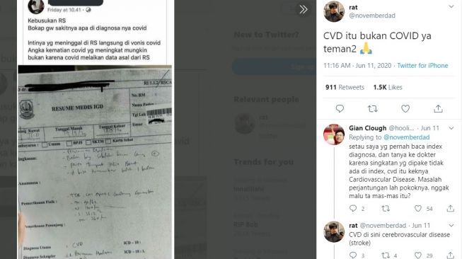 Unggahan salah persepsi dari hasil diagnosis dan berujung kritikan. [Twitter]