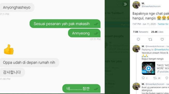 Tangkapan layar chat driver ojol pakai bahasa Korea. [Twitter]