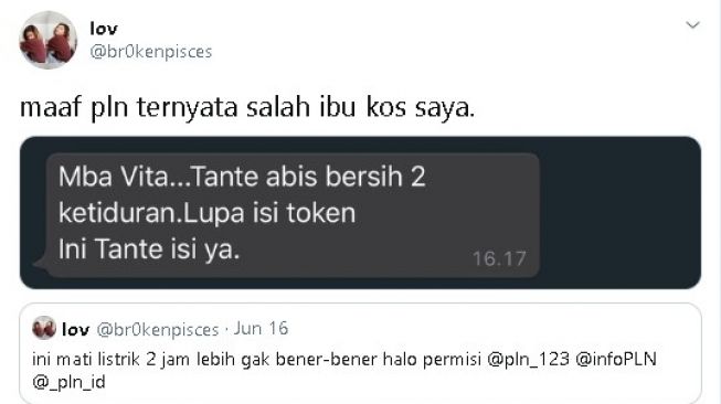 Warganet minta maaf suuzan ke PLN - (Twitter/@br0kenpisces)