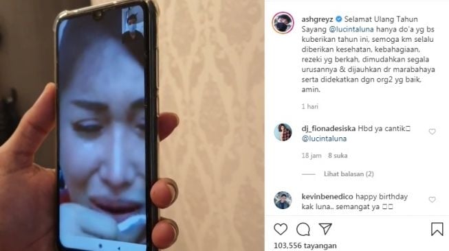 Abash membagikan video kekasihnya, Lucinta Luna yang menangis karena merayakan ulang tahun di penjara. [Instagram/@ashgreyz]