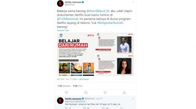 Pengumuman kerja sama Netflix dengan Kemendikbud (Twitter)