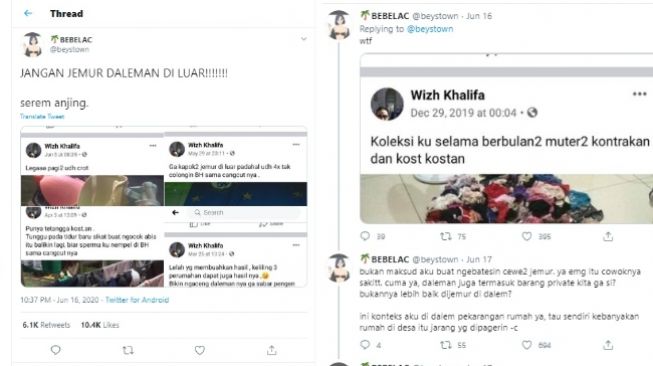 Cuitan viral yang memperingatkan pencurian pakaian dalam wanita (Twitter)