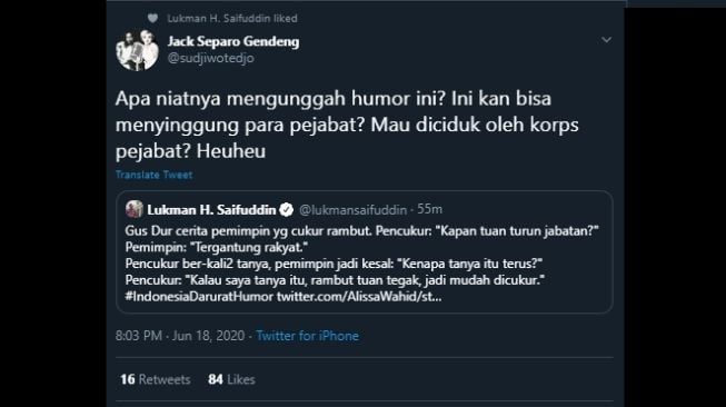 Cuitan Sudjiwo Tedjo mengingatkan Lukman Hakim Saifuddin. (Twitter/@sudjiwotedjo)