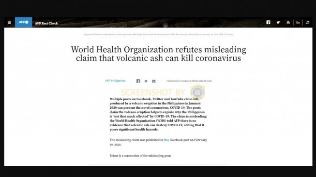 Penjelasan Cek Fakta, belum ada penelitian yang menyebut abu vulkanik efektif membunuh virus corona (Turnbackhoax.id)