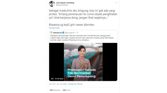 Pendapat Sudjiwo Tedjo soal pramugari tak pakai masker (Twitter)