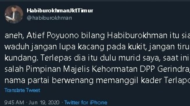 Habiburokhman sentil Arief Poyuono. (Twitter)