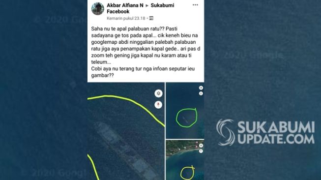 Postingan akun Akbar Alfiana N di sukabumifacebook tentang dugaan benda mirip kapal karam di perairan Cisolok Sukabumi.