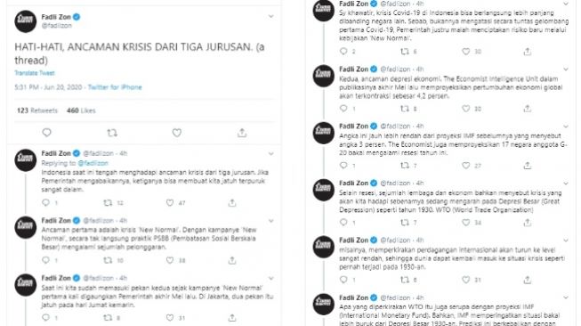 Fadli Zon Beberkan Indonesia Terancam Krisis dari Tiga Jurusan (Twitter)