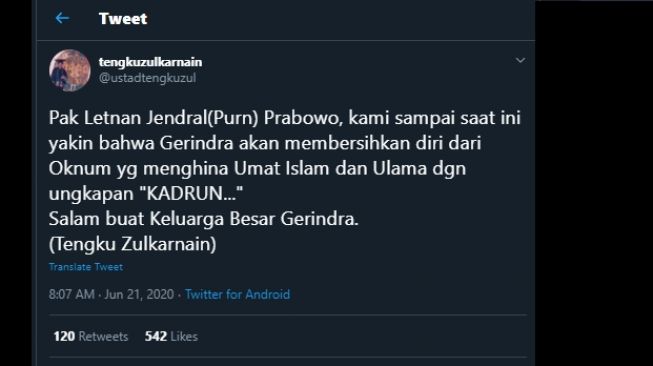 Cuitan Ustaz Tengku Zul soal kader Gerindra yang memberi pernyataan tentang kadrun dan PKI. (Twitter/@ustadtengkuzul)