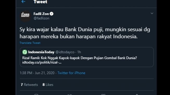 Cuitan Fadli Zon ketika Indonesia dipuji Bank Dunia. (Twitter/@fadlizon)