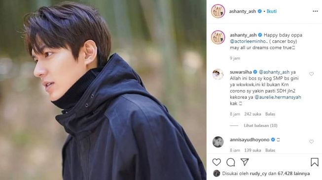 Unggahan Ashanty saat merayakan ulang tahun aktor asal Korea Selatan, Lee Min Ho. [Instagram/@ashanty_ash]