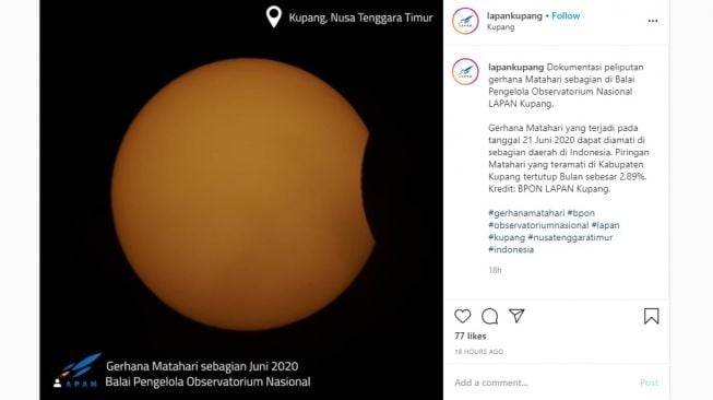 Penampakan Gerhana Matahari Sebagian. [Instagram]