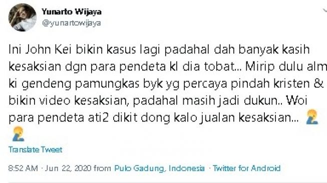 Yunarto Wijaya tanggapi penangkapan John Kei. (Twitter/@yunartowijaya)