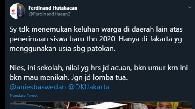 Ferdinand Hutahaean protes ke Anies Baswedan soal penerapan usia dalam PPDB. (Twitter/@FerdinandHaean3)