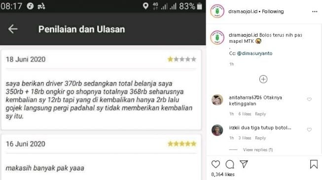 Pelanggan diserbu usai salah hitung uang kembalian sopir ojol. (Instagram/@dramaojol.id)