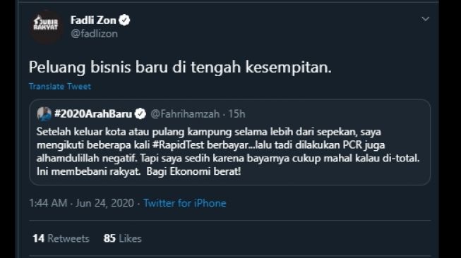 Fadli Zon menanggapi curhatan Fahri Hamzah soal harga tes virus corona. (Twitter/@fadlizon)