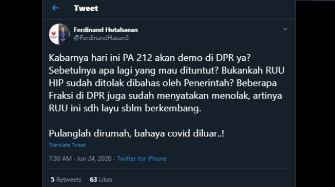 Cuitan Ferdinand Hutahaean minta PA 212 tak lakukan demo terkait RUU HIP. (Twitter/@FerdinandHaean3)