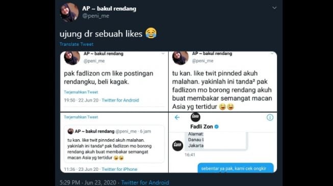 Penjual rendang promosikan dagangannya ke Fadli Zon. (Twitter/@peni_me)